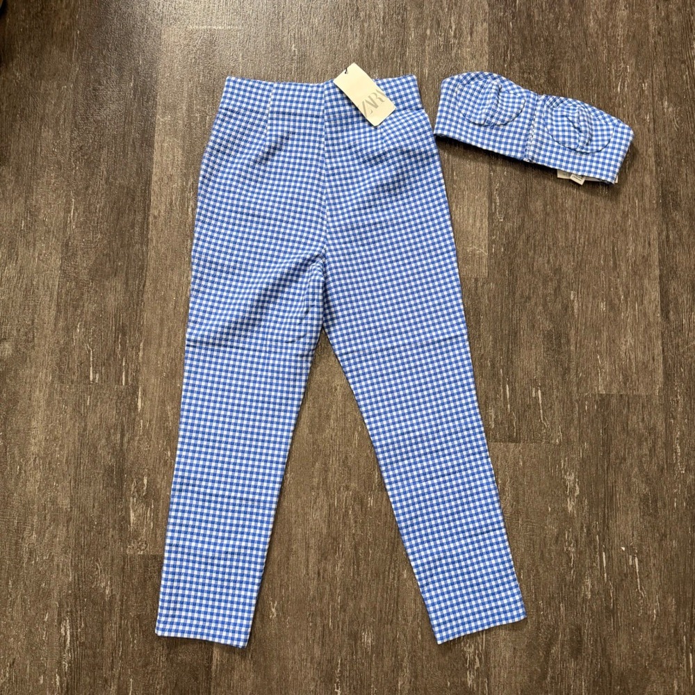 Zara Two Piece Set Women M Blue Gingham Bustier Crop Top High Waist Pants NEW